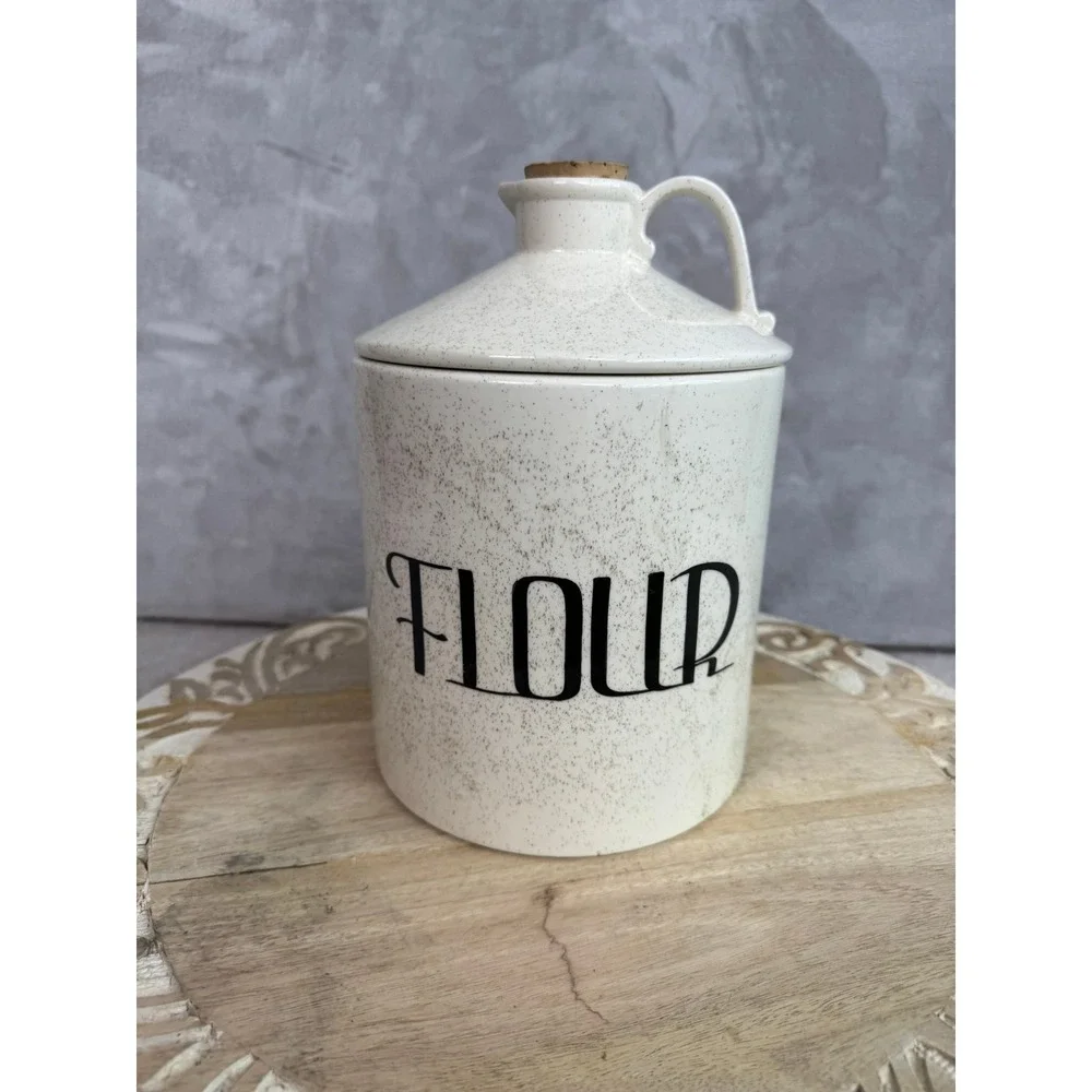 Vintage Style Speckled Ceramic Flour Canister Jar with Handled Lid Cork 8.5in